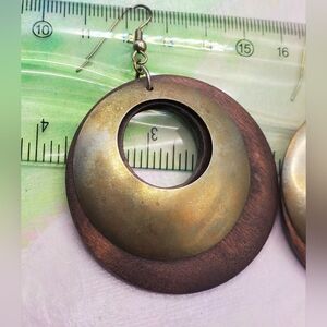 Vintage 70s Brass Wood Earrings Large Double Drop Hoop Earthy Tribal  BOHO Vibe
